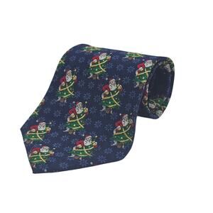 Jingle Bells Men's Silk Christmas Tie Navy Blue Santa Claus Tree Holiday Vintage